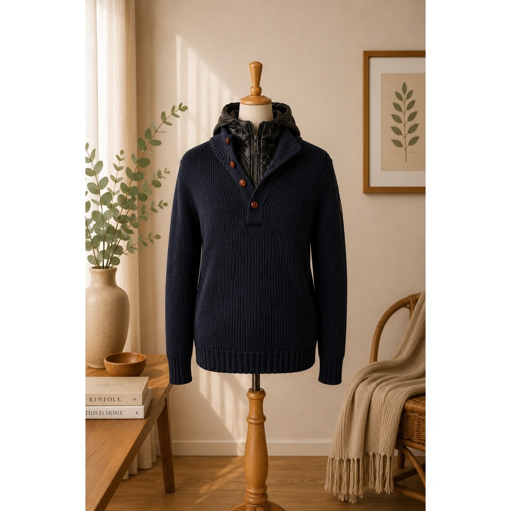 Buffalo David Bitton Men's Knit Sweater with Removable Hood — Navy Pullover 46 L